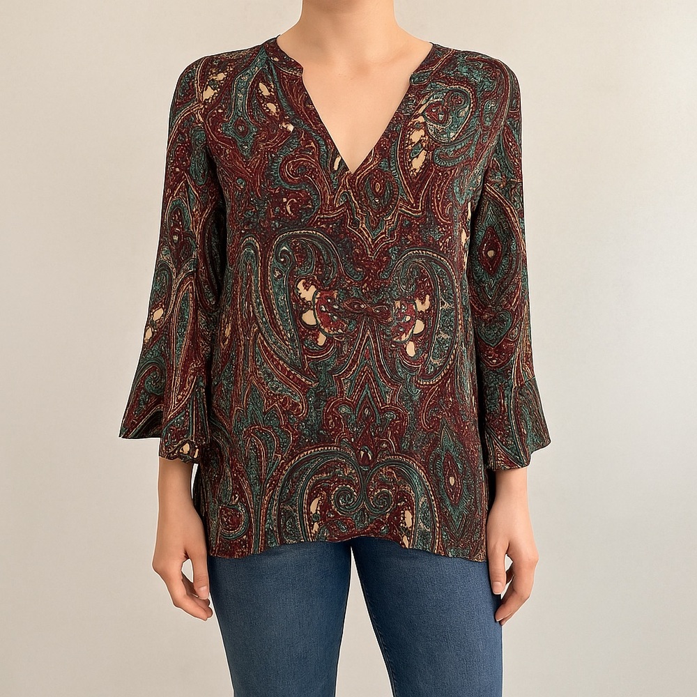 Zara Basic Paisley Print V Neck Bell Sleeve Tunic Top Boho Blouse Size M